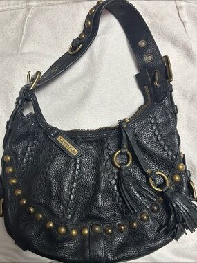 Isabella Fiore Black Leather Studded Hobo with Tassel Rings